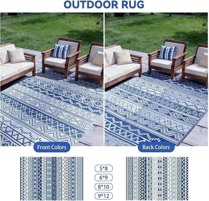 Outdoor Rug 9 x 12 ft, Reversible Plastic Straw Rug for Patio, Waterproof Large Outdoor Carpet for RV, Patio, Camping, Backyard, Deck, Picnic, Beach, Navy & White
