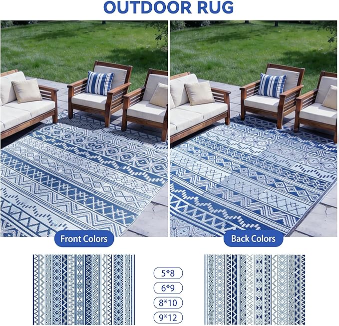 Outdoor Rug 6 x 9 ft, Reversible Plastic Straw Rug for Patio, Waterproof Large Outdoor Carpet for RV, Patio, Camping, Backyard, Deck, Picnic, Beach, Navy & White