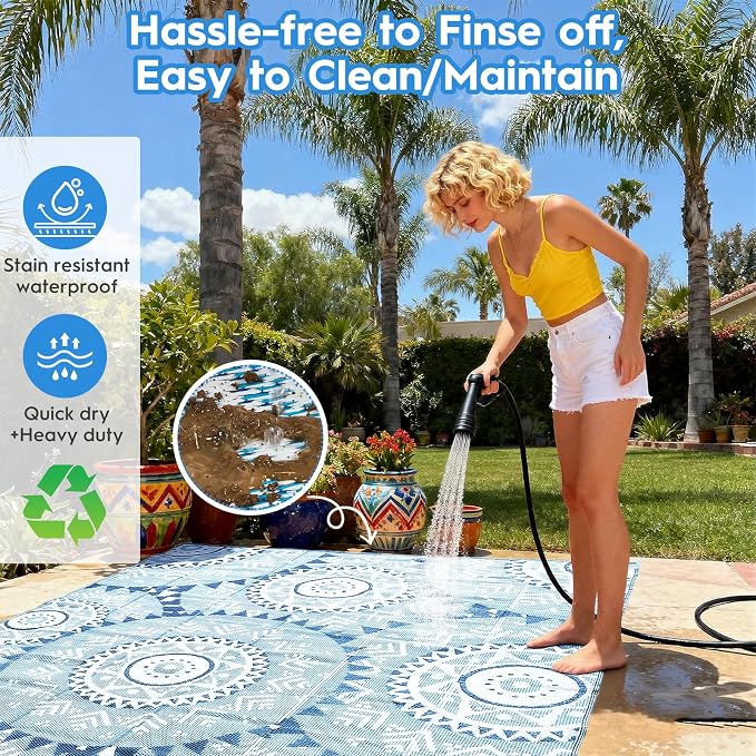 Alfolo Patio Rugs Outdoor 8x10 Waterproof Plastic Straw Reversible Outdoor Rugs for Deck,Backyard,RV Camping,Poolside, Stain & UV Resistant Fade Proof Portable Boho Blue & White Outdoor Mat
