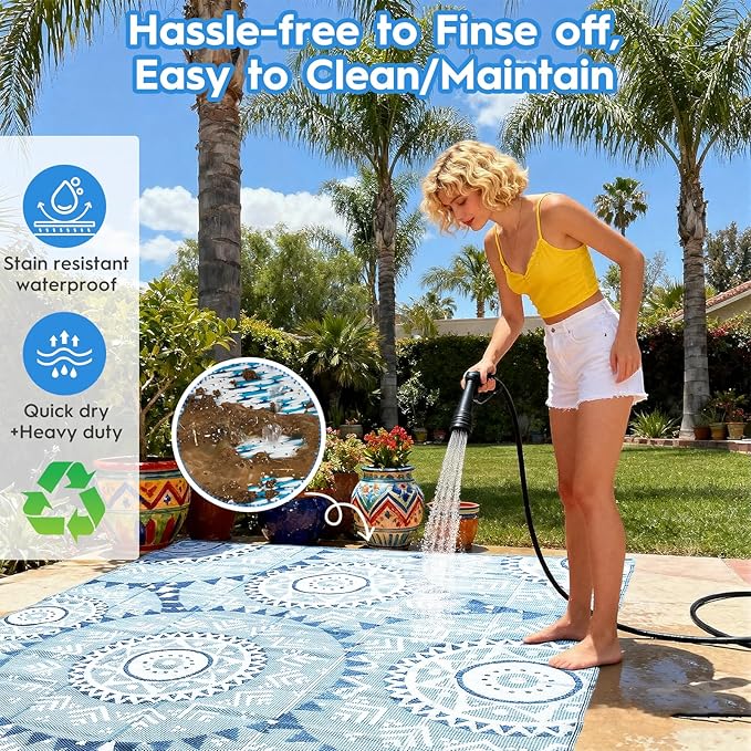 Alfolo 9x12 Outdoor Patio Rug - Waterproof Reversible Plastic Straw Mat, UV Resistant & Easy Clean, Foldable Camping Carpet with Carry Bag for RV, Deck, Pool & Picnic (Navy Blue Boho)