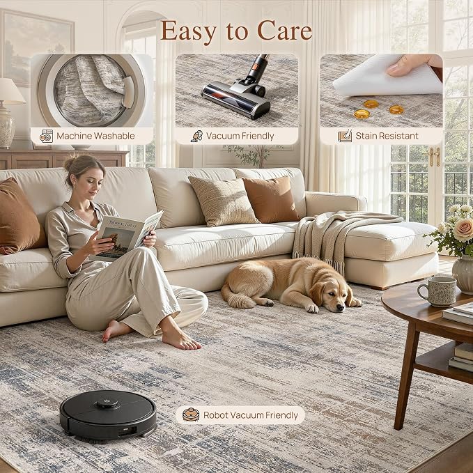 UERMEI 10x14 Area Rug for Living Room Washable Abstract Brown Carpet | Low Pile Non-Slip Soft Neutral Modern Kid Pet Friendly Large Rugs For Bedroom Dining Room Nursery Office Indoor Decor