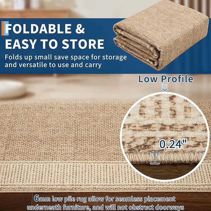 GarveeHome Washable Area Rug 10x13 Modern Bordered Large Living Room Rugs | Bedroom Throw Carpet with Rubber Backing Low Pile Stain Resistant Contemporary Rug for Dining Room Home Office, Khaki