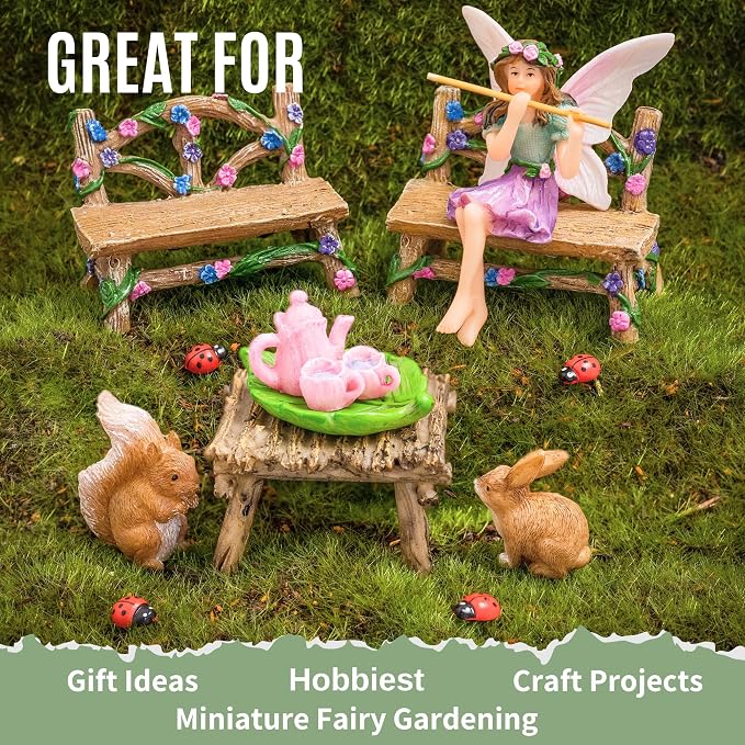 PRETMANNS Fairies for Fairy Garden Accessories for Outdoor - Figurine Bella and Furniture for Miniature Set with Squirrel, a Bunny, 4 Ladybugs - Ideal for Fairy Garden Starter Kit - 14 Piece Supplies | Fairy Garden Accessories Kit, Figurines & Garden F...