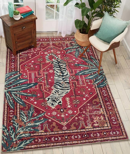 Tribal Rugs Washable Summer Tropical 3x5 Throw Carpet Wine Red Traditional Boho Vintage Oriental Rug for Bedroom Kitchen Living Room Indoor Entryway