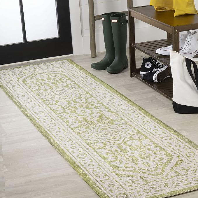 JONATHAN Y Medallion Weave Indoor Outdoor Runner Rug 2X8 Green/Cream, Sinjuri Textured for Backyard, Patio, Porch, Easy-Cleaning, High Traffic, Pet-Friendly, Non-Shedding (SMB101E-28)