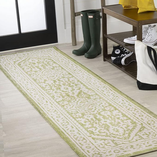JONATHAN Y Medallion Weave Indoor Outdoor Runner Rug 2X10 Green/Cream, Sinjuri Textured for Backyard, Patio, Porch, Easy-Cleaning, High Traffic, Pet-Friendly, Non-Shedding (SMB101E-210)