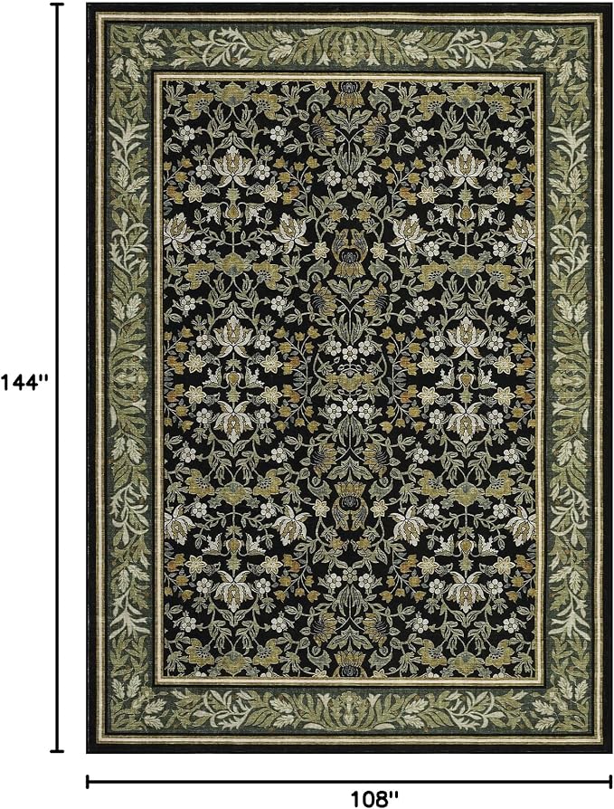 GarveeHome 9x12 Area Rugs for Living Room: Washable Bedroom Rug Green Black | Boho Vintage Non Slip Soft Low Pile Stain Resistant Indoor Carpet for Farmhouse Dining Room Nursery Home Office