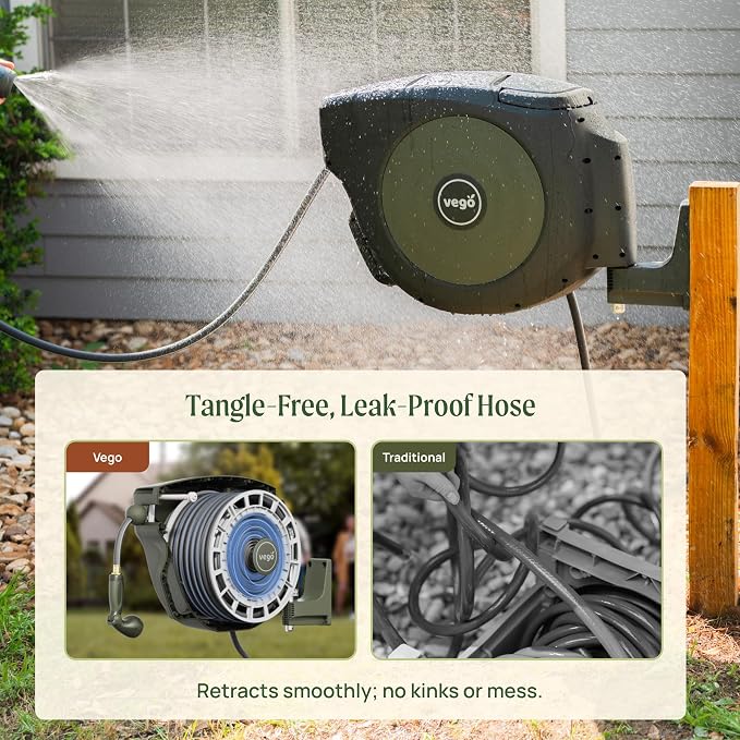 Vego Garden Hose Reel Retractable Hi-Flow Wall Mounted Hose Reel Automatic Rewind, Any Length Lock with 9 Patterns Sprayer Nozzle, Quick Connector and Adjustable shot Nozzle (Seaweed Green, 100ft)