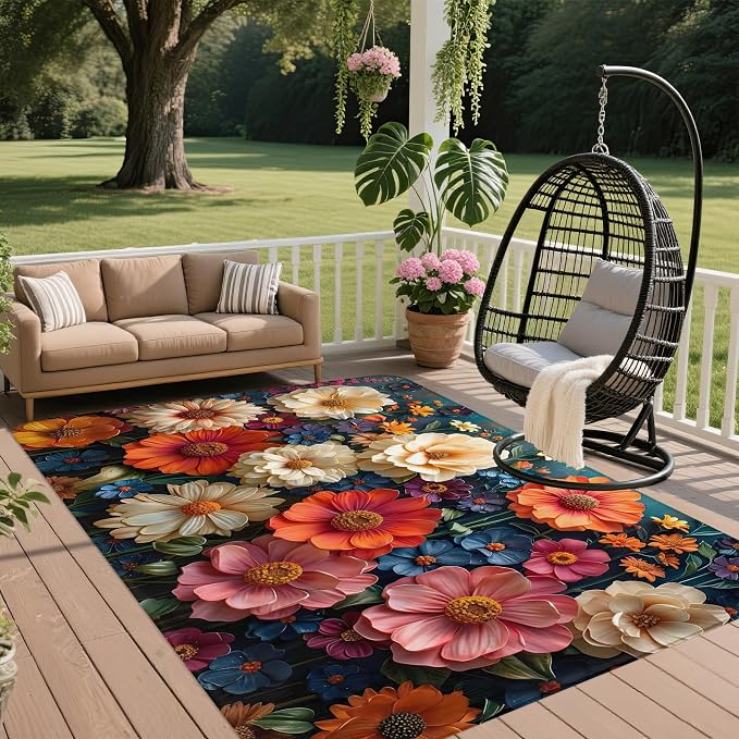 Area Rugs Abstract Flower Modern Neutral Large Living Room Carpet Cute Spring Floral Washable Rugs 5×7 for Kitchen Dinning Room Bedroom Farmhouse Nursery Office Home Decor
