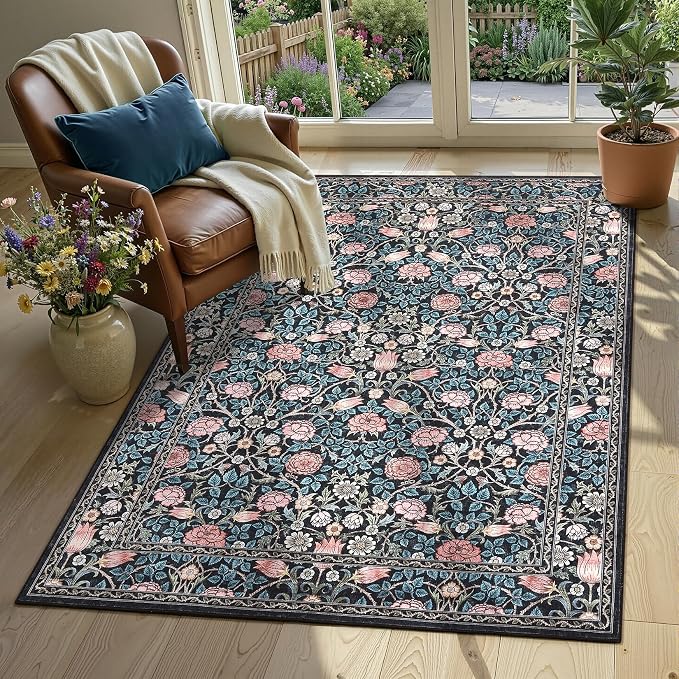 GarveeHome Blue Floral 3x5 Area Rug for Nursery Bedroom | Washable Dorm Rug Entryway Doormat Vintage Boho Rugs Low-Pile Non-Slip Stain Resistant TPE Backing