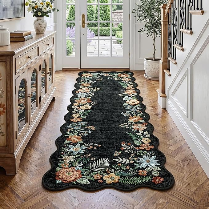FMFUNCTEX 2x6 Hallway Runner Rug Washable Black Floral Vintage Flower Boho | Colorful Traditional Non Slip Low Pile Indoor Thin Carpet Entryway Rugs Kitchen Bedroom Laundry Entry Bedside, Black/Grey
