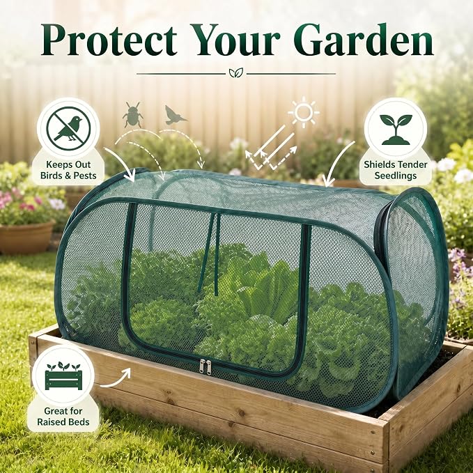 Pop Up Mesh Plant Cover for Outdoors, 33% Sunblock Garden Covers for Raised Beds, Breathable Garden Netting for Raised Beds with 4 Stakes (44 x 22 x 17.5 in)-Green/1