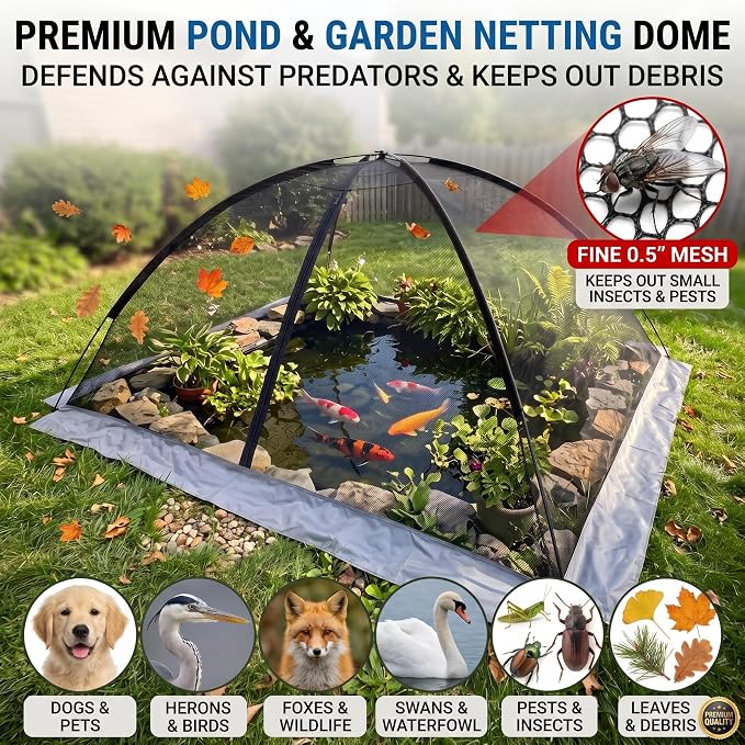 Pond Cover Net - Heavy Duty Nylon Dome Mesh with Zippers - 5x7FT Protector for Garden Pond Koi Fish and Plants - Birds & Leaves Animals Barrier
