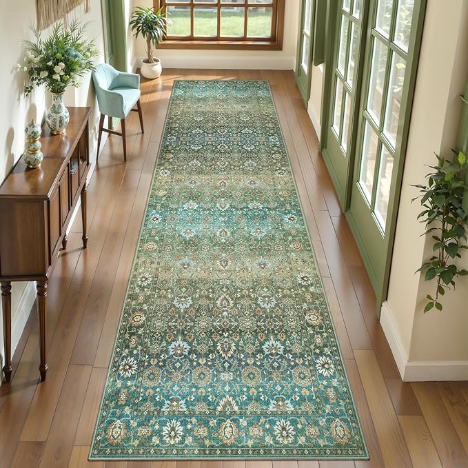 Ciicool Green Vintage Boho 2x8 Hallway Runner Rug Non-Slip Washable Kitchen Rugs Floral Soft Low Pile Long Carpet for Entryway Bedroom Laundry Bathroom