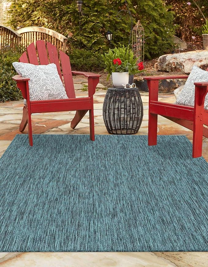 Unique Loom Outdoor Solid Collection Area Rug (7' 10" x 10' Rectangle Teal/Navy Blue)