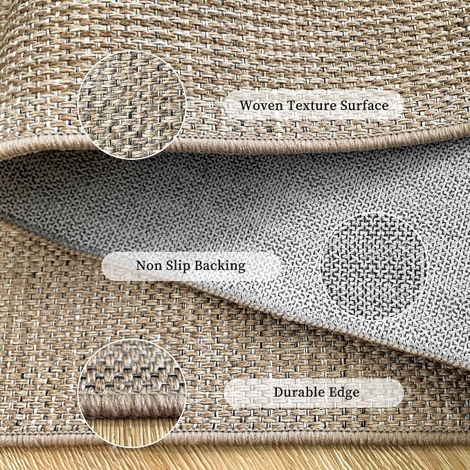 Outdoor Easy Jute Runner Rug: 2x6 Modern Natural Area Rugs for Front Patio Hallway Linen-Look Fabric Durable - Neutral Washable Mat for Entryway Kitchen Bedroom - Geometric Arch Pattern
