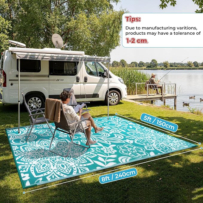 Findosom Waterproof Outdoor Rug 5' x 8' - Reversible Mandala Outdoor Plastic Straw Rug, Durable Foldable Patio Rug for RV, Deck, Balcony, Backyard, Picnic, Porch, Camping, Beach, Blue