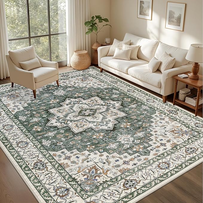 8x10 Area Rugs Living Room: Washable Rug for Bedroom Green Ivory | Boho No Slip Stain Resistant Rug Soft Indoor Decor Floor Floral Area Rugs for Dining Room, Nursery, Hallway, Home Office