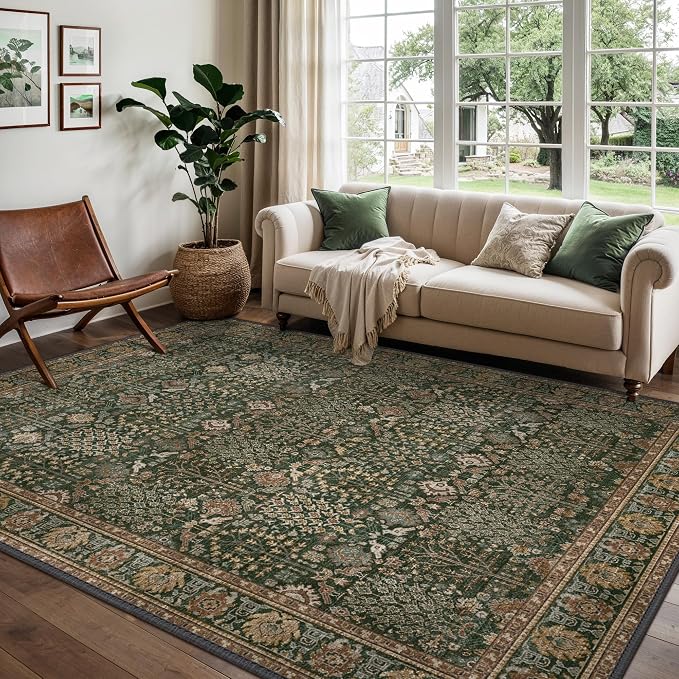 5x7 Washable Area Rug for Living Room, Non Slip, Dark Green Brown | Vintage Floral, Spill Resistant, Lightweight Ultra-Thin Carpet for Bedroom, Dining Room and Office