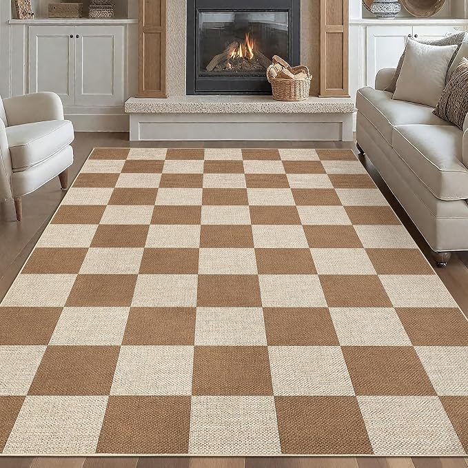 GarveeHome Checkered Easy Jute Area Rug 10x13 Machine Washable Non-Slip Stain Resistant Indoor Outdoor Rugs for Living Room, Bedroom, Kitchen, Dining, Patio Farmhouse Style Brown