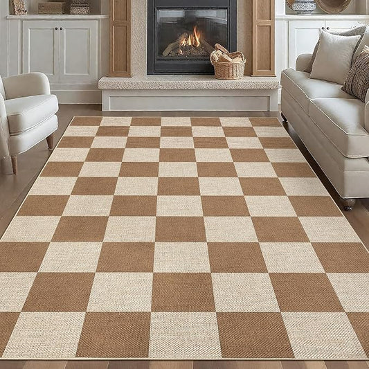 GarveeHome Checkered Easy Jute Area Rug 10x13 Machine Washable Non-Slip Stain Resistant Indoor Outdoor Rugs for Living Room, Bedroom, Kitchen, Dining, Patio Farmhouse Style Brown