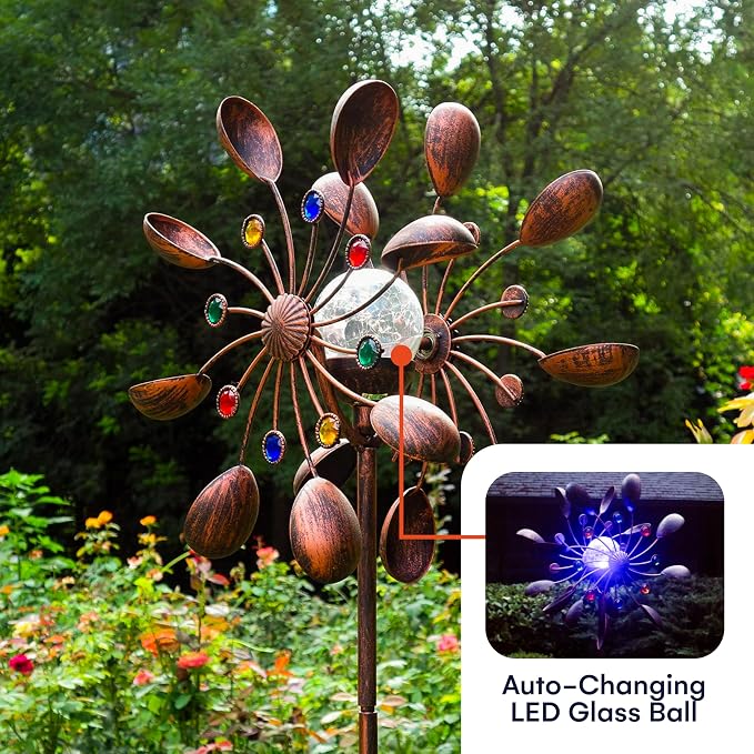 75-Inch Wind Spinners Jewel Cup - Solar-Powered with Multi-Color LED Glass Ball - Metal Kinetic Windmill for Dual Wind Direction - Easy to Assemble Garden and Outdoor Yard Decorations
