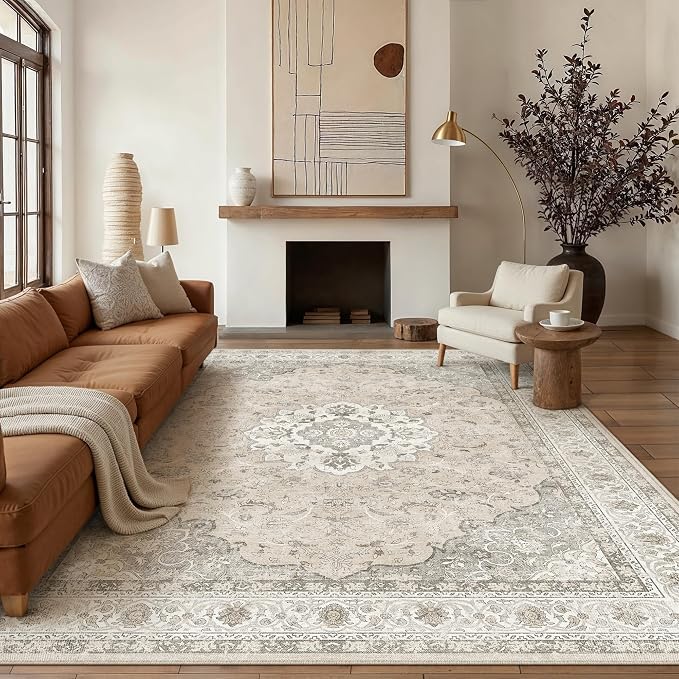 9x12 Washable Area Rug Beige Brown Non Slip Vintage Carpet | Low Pile, Stain Resistant, Living Room, Bedroom, Nursery, Office, Playroom, Dining Room, Soft, Large, Lightweight