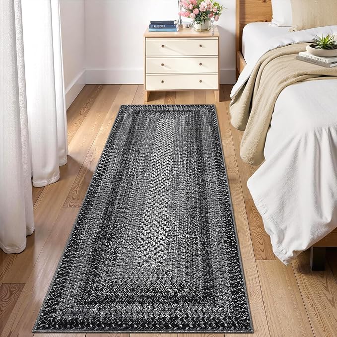 RUGSREAL Washable 2x10 Runner Rug for Hallway Kitchen Modern Runner Rugs | Long Runner Throw Carpet with Rubber Backing, Stain Resistant Braided Printed Entryway Carpet for Bedroom Living Room, Black