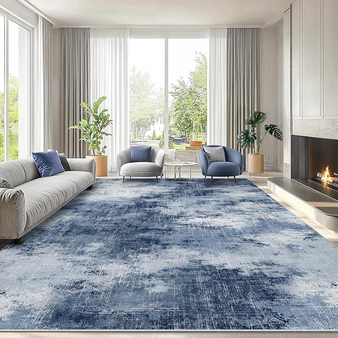 AMADA HOMEFURNISHING 10x14 Area Rugs for Living Room, Modern Large Area Rugs with Non-Slip Backing & Low Pile, Neutral Soft Washable Rug for Large Bedroom Dining Room Nursery Office, Dark Blue