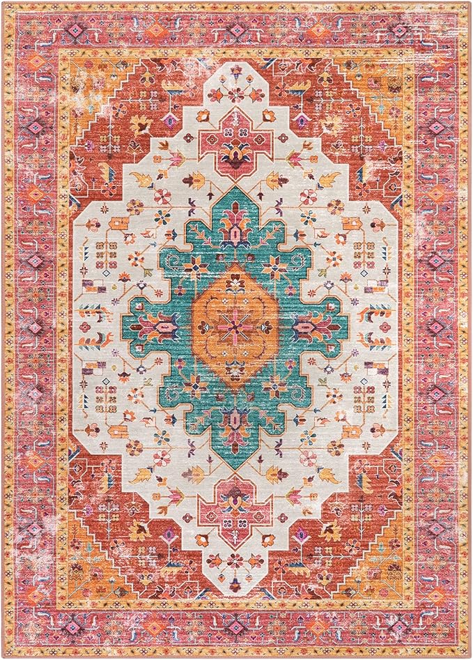 Moynesa Ultra-Thin Pink Area Rug - 8x10 Bedroom Living Room Rug Non-Slip Non-Shedding Nursery Mat, Indoor Oriental Medallion Floor Carpet for Dining Room Entryway Playroom