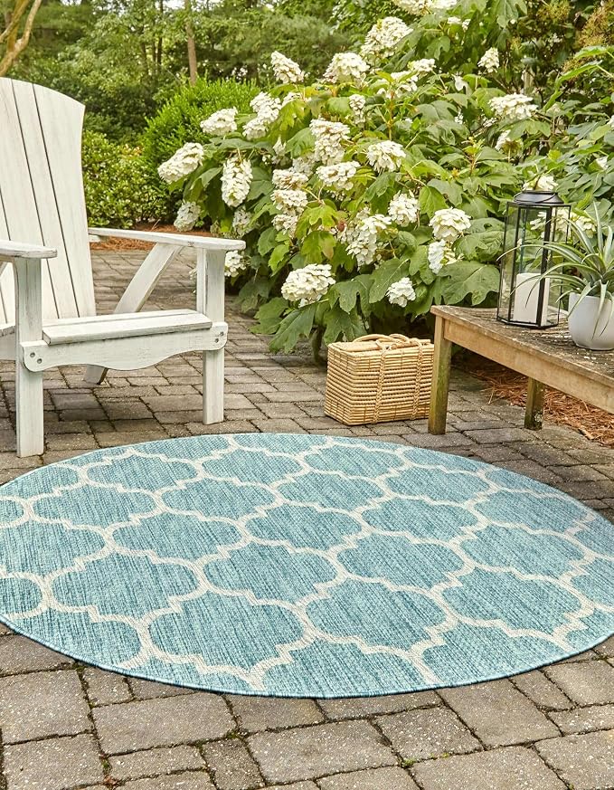 Unique Loom Outdoor Trellis Collection Area Rug - Trellis (Round 10' 8" x 10' 8", Aquamarine/ Gray)