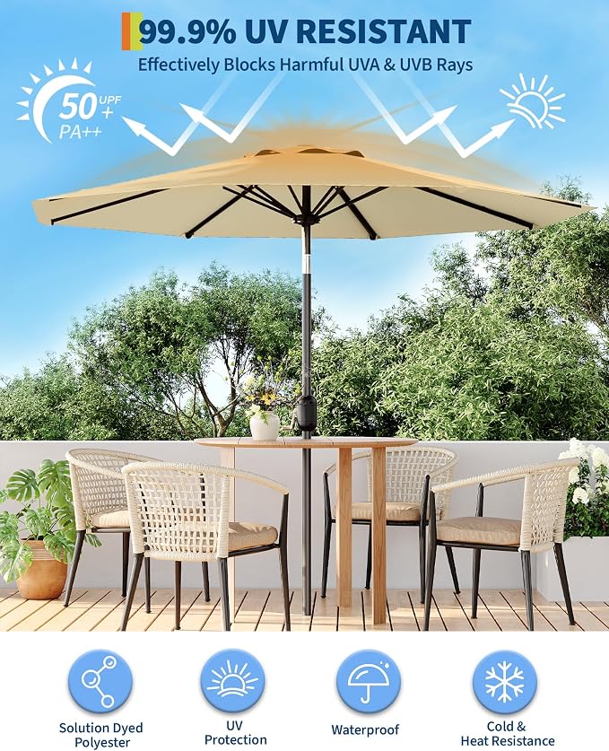 10FT Patio Umbrella Outdoor, Market Umbrella, Table Umbrella with Push Button Tilt and Crank, 8 Sturdy Ribs UV Protection Waterproof for Garden, Pool, Deck, Backyard (Beige)