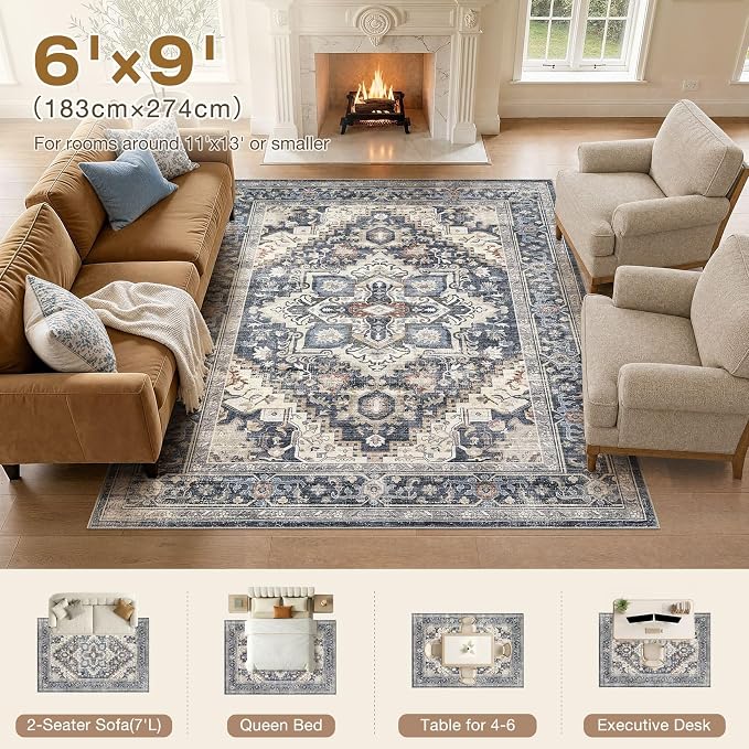 DTICON Vintage Washable 6x9 Area Rug Living Room Rugs, Blue | Boho Distressed, Pet & Kid Friendly, Non-Slip Backing, Soft Polyester, Low-pile Carpet for Living Room, Bedroom, Dining Room