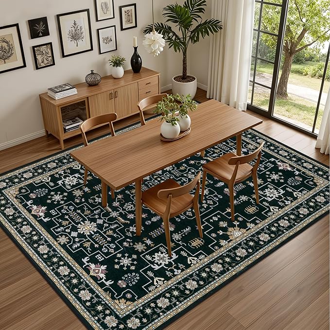 5x7 Area Rugs Living Room: Washable Vintage Rug for Bedroom Black | Boho No Slip Stain Resistant Rug Soft Indoor Decor Floor Floral 5x7 Area Rugs for Dining Room, Nursery, Hallway, Home Office