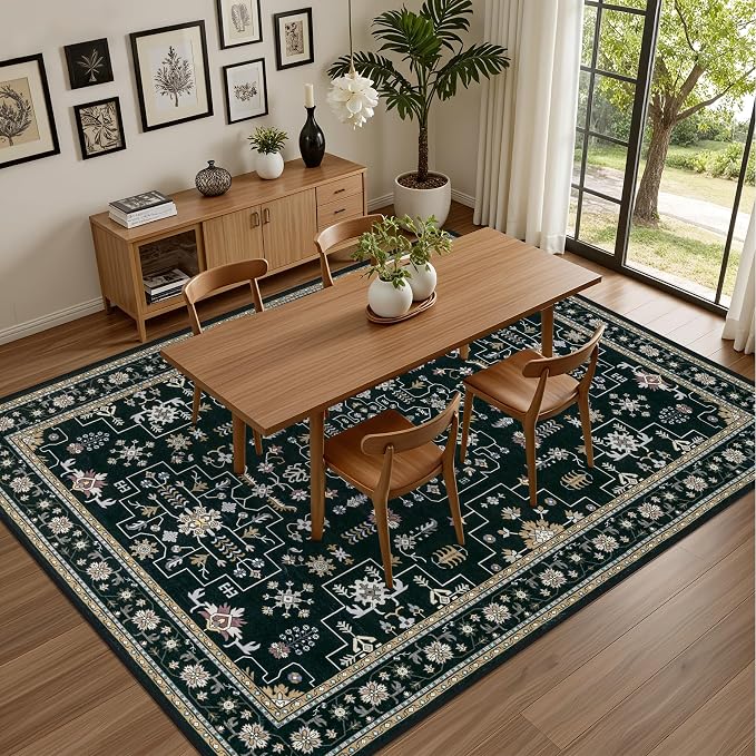 10x12 Area Rugs Living Room: Washable Boho Rug for Bedroom Black | Vintage No Slip Stain Resistant Rug Soft Indoor Decor Floor Floral Area Rugs for Dining Room, Nursery, Hallway, Home Office