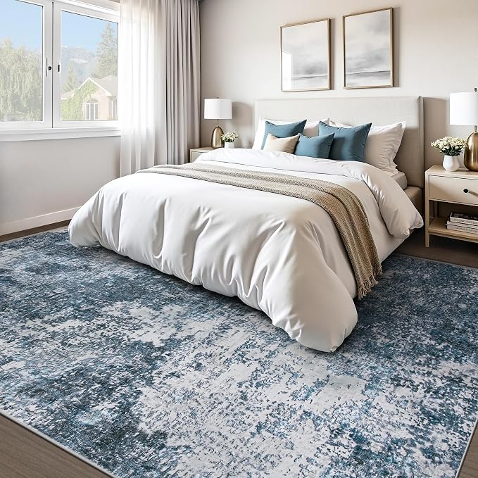 pmtsns Area Rugs 8x10 for Living Room: Washable Rug Modern Abstract Neutral Soft Non-Slip Low-Pile Indoor Large Carpet for Bedroom Dining Room Playroom Home Office (Blue Grey, 8'x10')