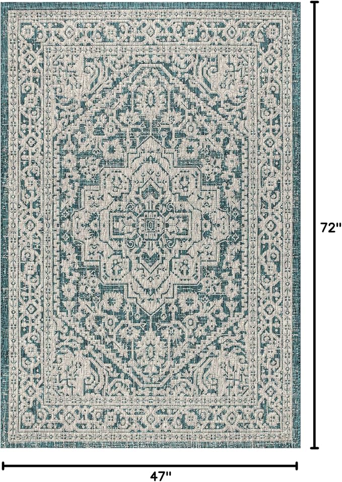 JONATHAN Y Medallion Weave Indoor Outdoor Area Rug 4X6 Teal Blue/Gray, Sinjuri Textured for Backyard, Patio, Porch, Easy-Cleaning, High Traffic, Pet-Friendly, Non-Shedding (SMB101C-4)