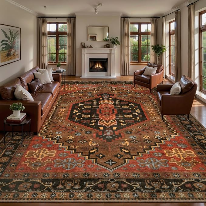 Ciicool 8x10 Area Rugs for Living Room,Washable Large Boho Throw Carpet | Oriental Low-Pile Soft Vintage Non-Slip Indoor Carpet for Kitchen Bedroom Bedside Laundry Bathroom Dining Room Foyer Decor