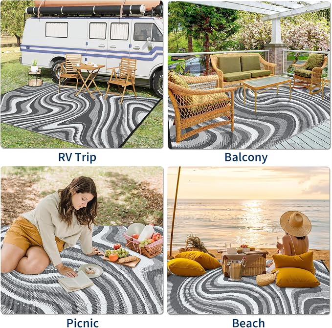 Garvee Outdoor Rug 8x10 Patio Waterproof, Abstract Outdoor Plastic Straw Rug, Camping Rugs for Outside Your RV, Foldable Lightweight Reversible Mats for Backyard, Deck, Picnic, Balcony, Black Grey