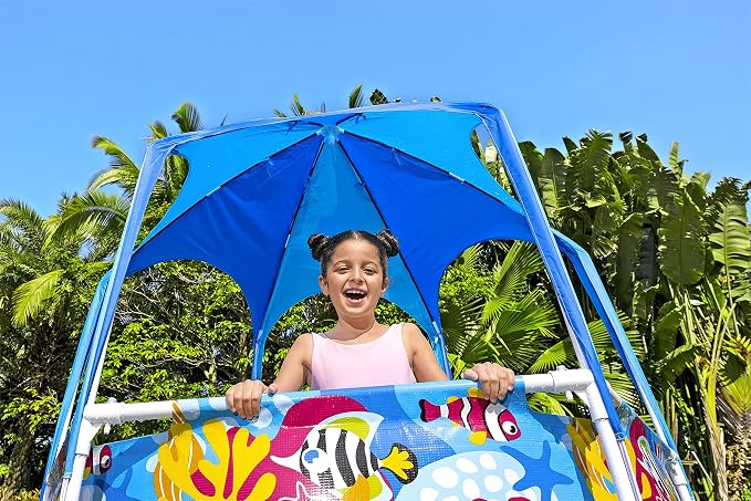 Bestway Steel Pro Frame Pool with Sun Protection Roof Splash-in-Shade Without Pump Diameter 183 x 51 cm Colourful Underwater Design Round