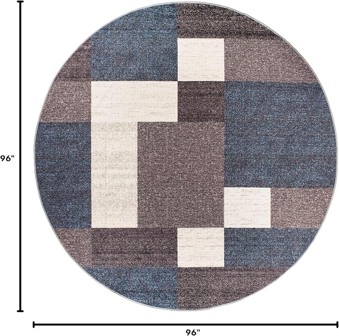 Rugshop Modern Boxes Non-Slip Living Room Kitchen Round Rug Blue 8' | Round, Size 8', Bedroom, Dining Room, Home Office, Entryway, Hallway, Nursery, Kids Room, Guest Room, High Traffic Area