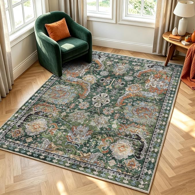 Washable Area Rugs - Perfect for Living Room, Bedroom, Kids Room, Nursery - Stain & Water Resistant Non-Slip, Pet & Child Friendly, Vintage Tribal Area Rugs (Green, 5' x 7')