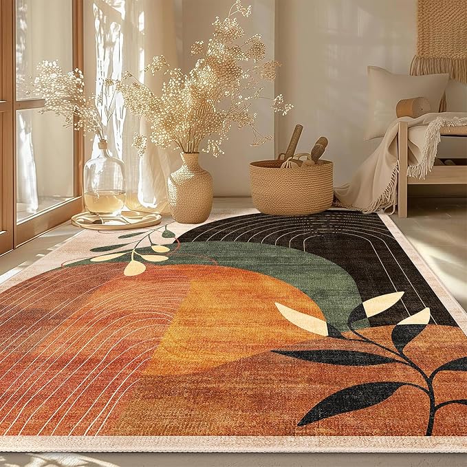 5x7 Area Rugs Washable Non Slip Mid Century Modern Terracotta | Machine Washable Large Throw Carpet for Living Room Bedroom Office Dining Room Indoor Boho Abstract Botanical Retro Rust