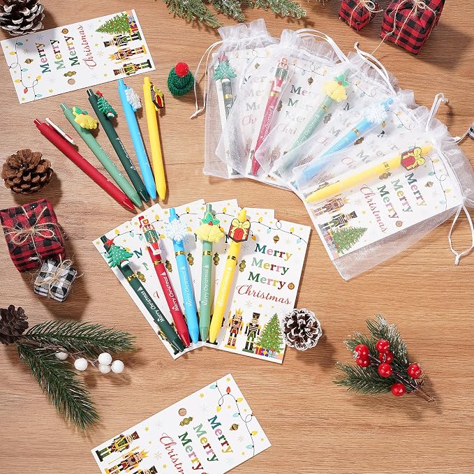 Marspark 30 Set Merry Christmas Gifts Bulk Christmas Ballpoint Pens and Greeting Cards Set with Bag Twist Ties for Employee Coworker Teacher Student School Office Home Party Favor