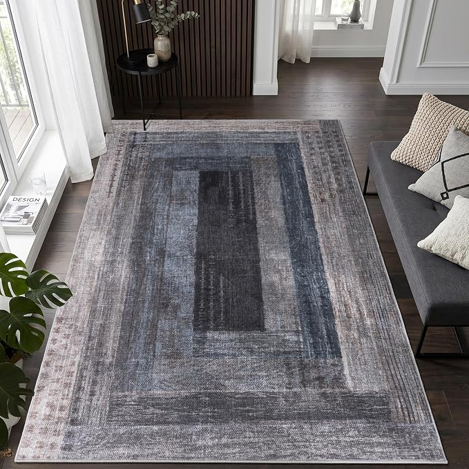 Neutral Geometric Blue 5x8 ft Large Rug for Living Room Bedroom | Contemporary Modern Area Rugs Vintage Washable Soft Faux Wool Low Pile Indoor Carpet for Dining Room Office Home Decor