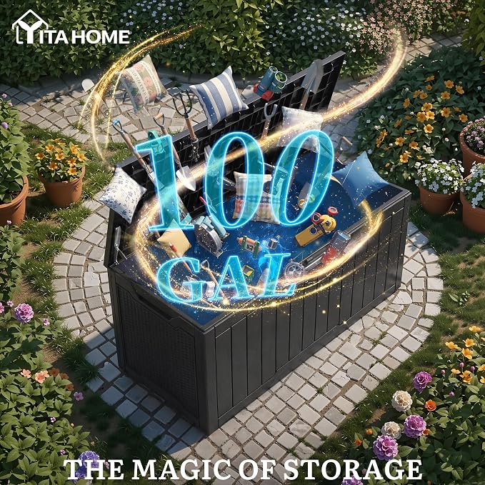 YITAHOME 100 Gallon Large Outdoor Storage Box, Water Resistant Resin Deck Box w/Silver Decorative PVC Trim Pane, Lockable Rattan Storage Container for Patio, Garden, Cushions, Tools(Black & Silver)