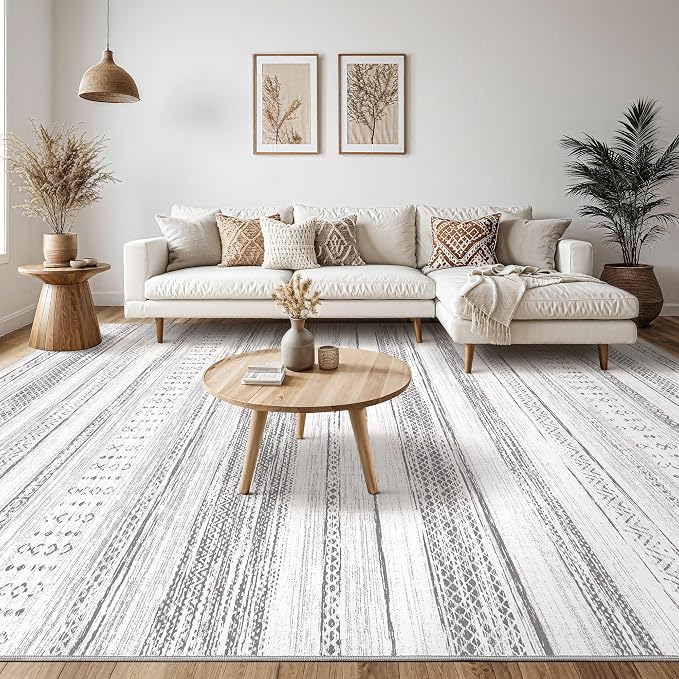 Tortania Area Rug Living Room Rugs - 5x8 Washable Large Soft Neutral Boho Moroccan Bohemian Farmhouse Rug Indoor Floor Carpet for Bedroom Under Dining Table Home Office Decor - Light Grey