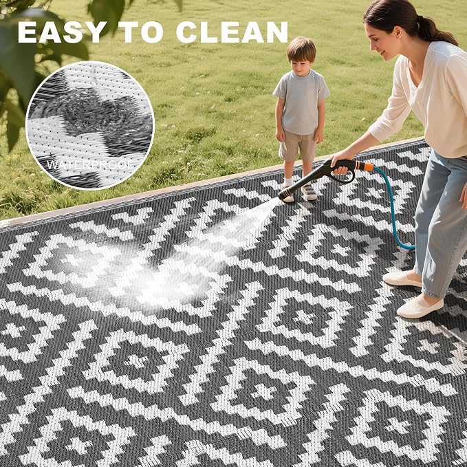 RURALITY Outdoor Rugs 5x8 Feet for Patios Clearance,Plastic Straw Waterproof Mats for Backyard,Porch,Deck,Balcony,Grey&White