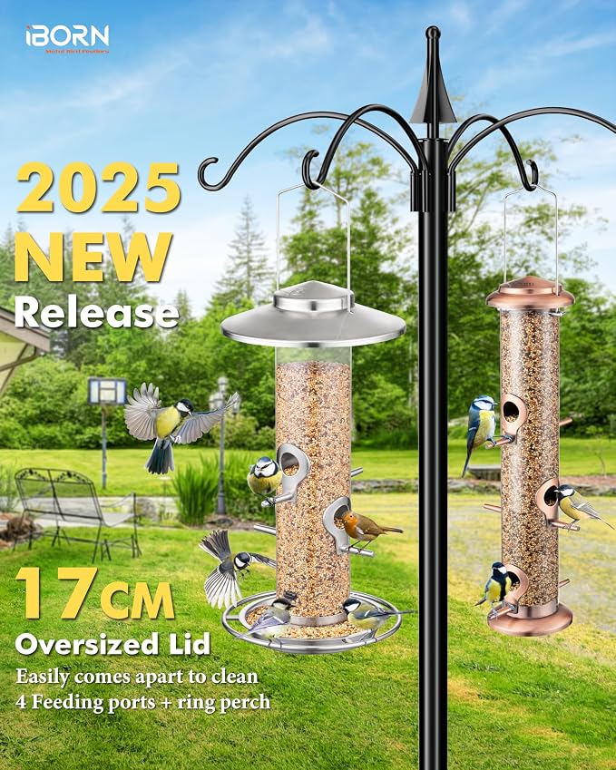 iBorn Metal Bird Feeder for Outside Hanging,Wild Bird Feeders for Cardinal,17cm Large Roof&Nickle,35CM Long,2lb Capacity 8 Ports (Seed is not Included)