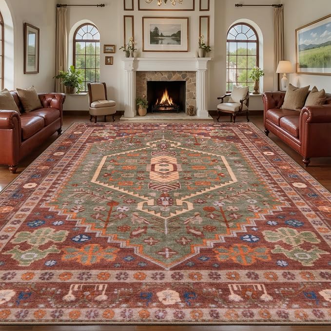 Ciicool Large 9x12 Area Rugs for Living Room,Washable Boho Throw Carpet | Oriental Low-Pile Soft Vintage Non-Slip Indoor Mat for Kitchen Bedroom Bedside Laundry Bathroom Dining Room Foyer Decor
